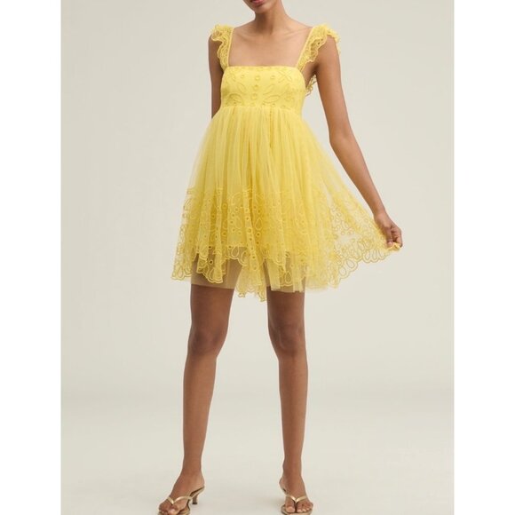 Anthropologie Let Me Be Yellow Eyelet Tulle Mini Dress M Yellow - Picture 1 of 6